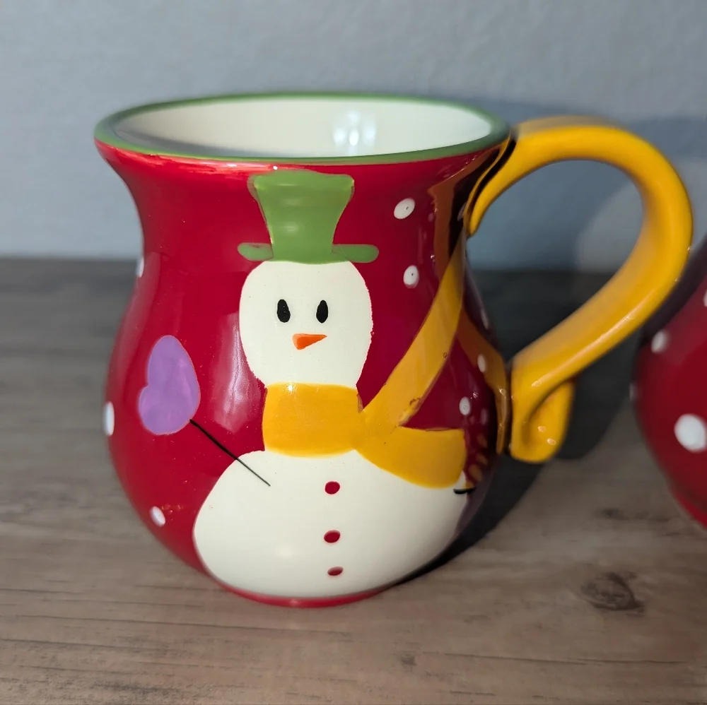 Pier 1 Imports  Christmas Snowman Coffee Mugs  Hand Painted Pair